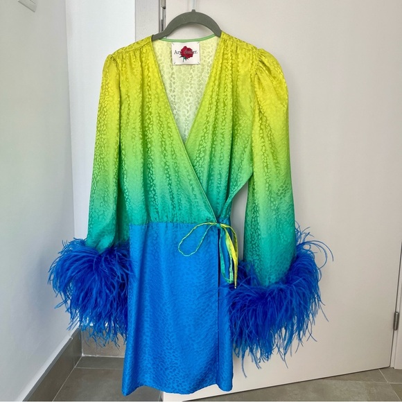 ART DEALER 100% Silk Green & Blue Feather Wrap Dress Robe Small S NWOT - Picture 4 of 9